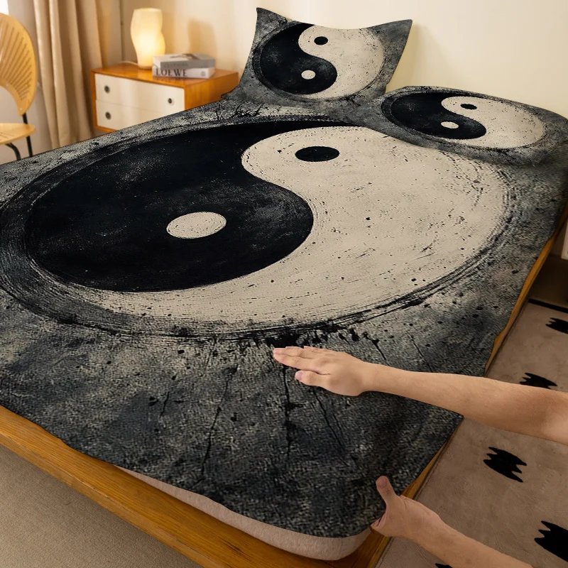 Customize 1pc Tai Chi Diagram Black and White Yin Yang Balance Pattern Fitted Sheet, a Single Deep-pocket Fitted Sheet, No Pillo
