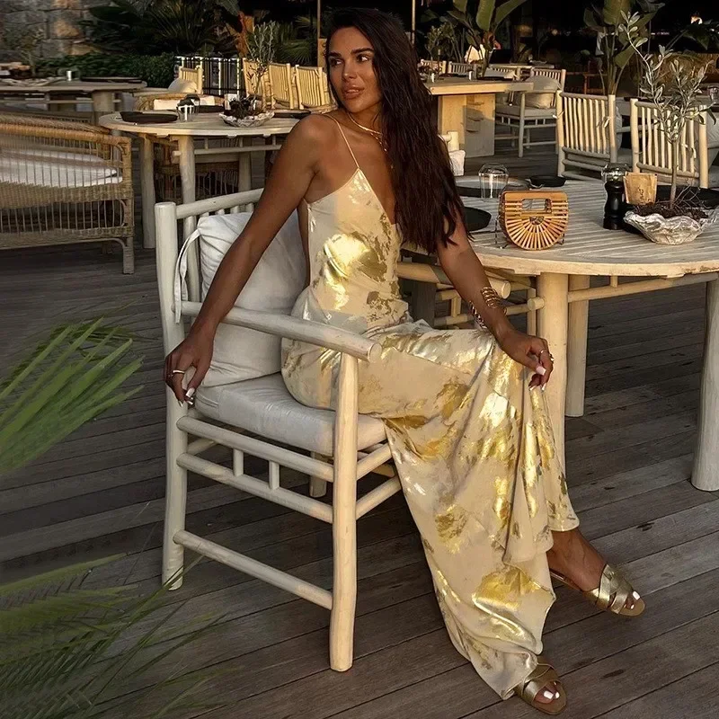 2024 Bikini Cover Up Beach Dress Bathing Suit Women New Sexy Backless Gold Halter Solid Spandex Exit of Bathroom Beach Cover Up