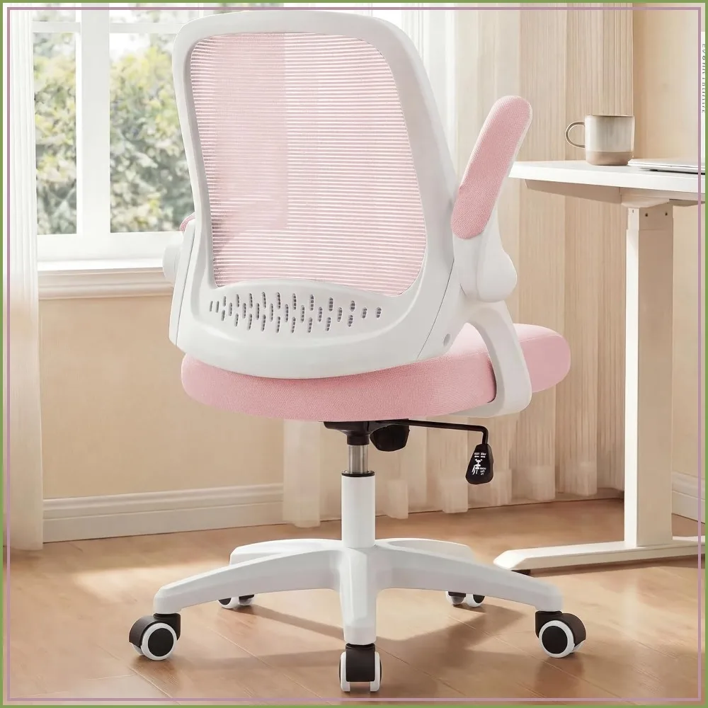 Ergonomic Mesh Office Chair with Lumbar Support, Adjustable Height & Flip-up Arms, Swivel Rolling Wheels, Pink