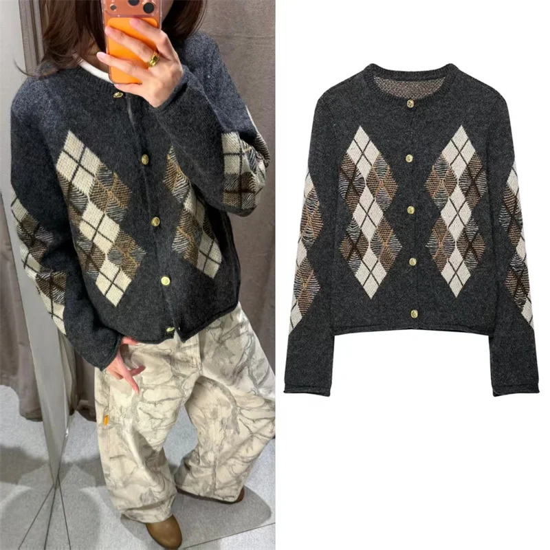 Guobioziy Women's Jacket 2026 Fall New Deep Gray Diamond Pattern Long Sleeve Knit Cardigan Jacket Christmas Simple and Stylish