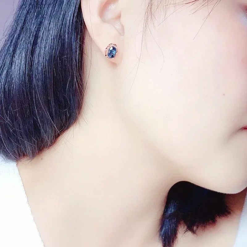 Natural Bule Topaz Stud Earring for Women 925 Sterling Silver JewelryvLuxury Female Blue Sapphire Oval Earrings