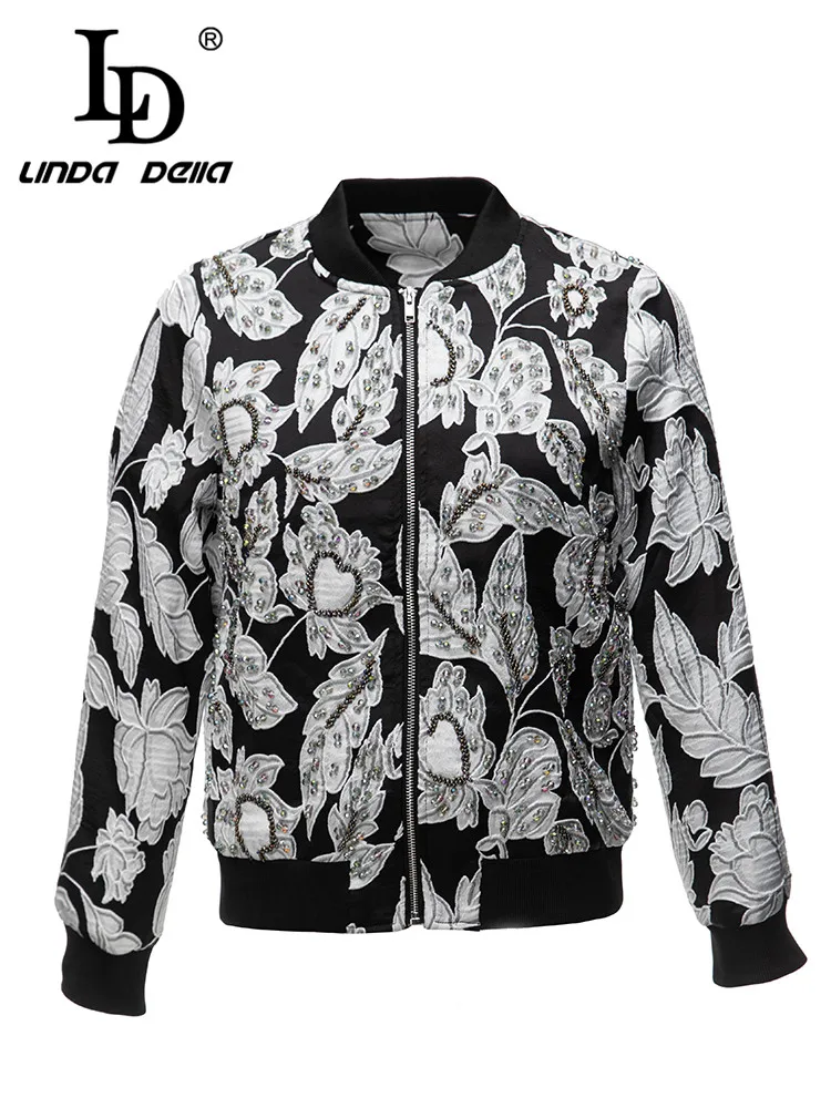 LD LINDA DELLA 2023 New Style Runway Vintage Coat Women's Black and White Extravagant Nail Bead Print Zipper Loose Coat