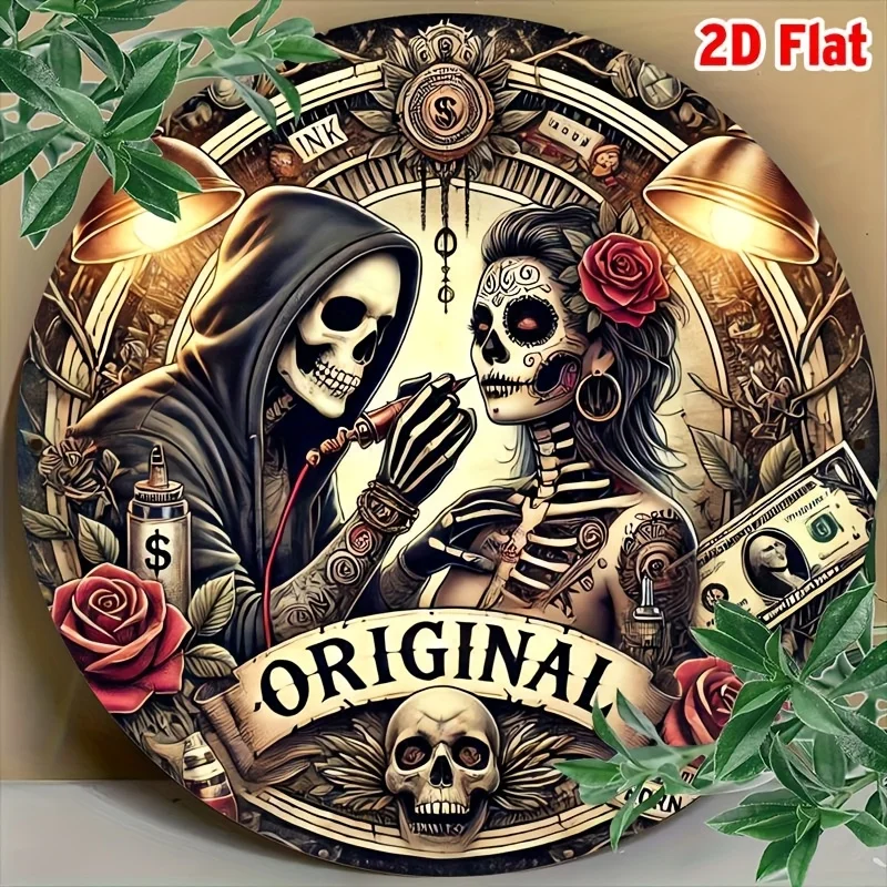 2D flat Round Metal Tin Sign Grim Reaper Tattoo Artist Sugar Skull Rose Gothic Art Man Cave Wall Hanging Decor 7.87x7.87 Inch