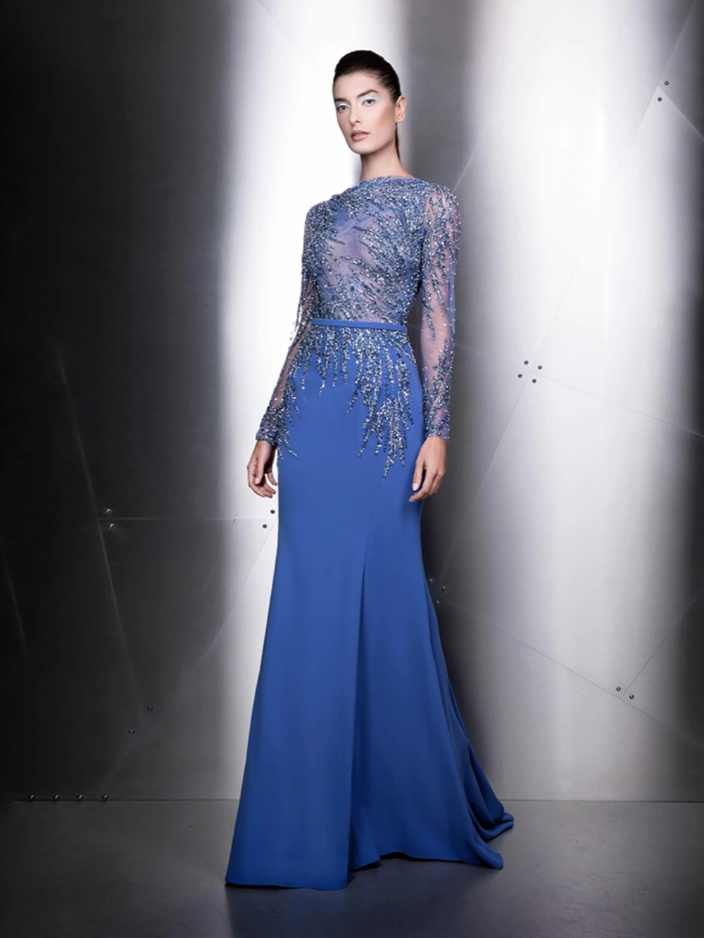 Royal Blue Beaded Mermaid Mother Of The Bride Dress For Wedding Modest High Collar Long Sleeve Evening Dress Customized 2025