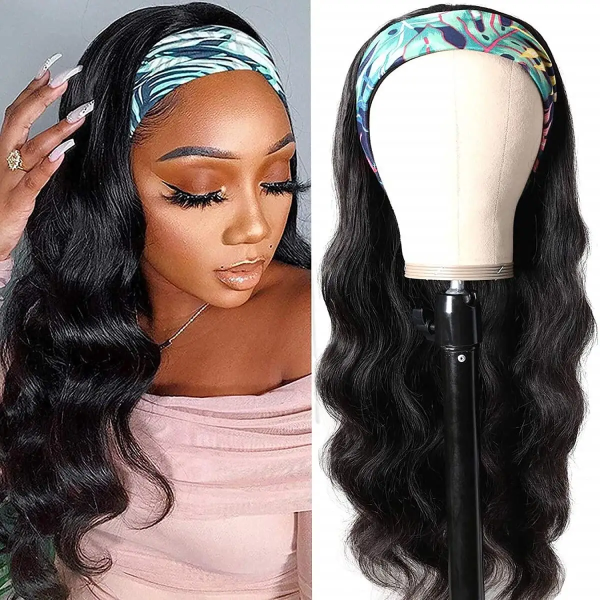 Body Wave Headband Human Hair Scarf Wig Brazilian Virgin Human Hair Wigs for Black Women Headband Machine Made Body Wave Wigs