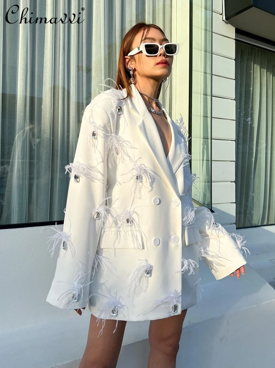 

French Fashion Rhinestone Stitching Feather Double Breasted White Suit Coat Autumn New Loose Ostrich Feather Long Sleeve Blazers