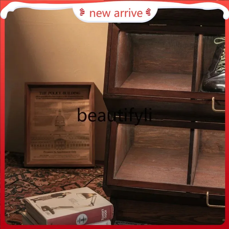 

D2520 Solid wood retro, multi-functional storage cabinet, sundry cabinet, wrought iron locker display