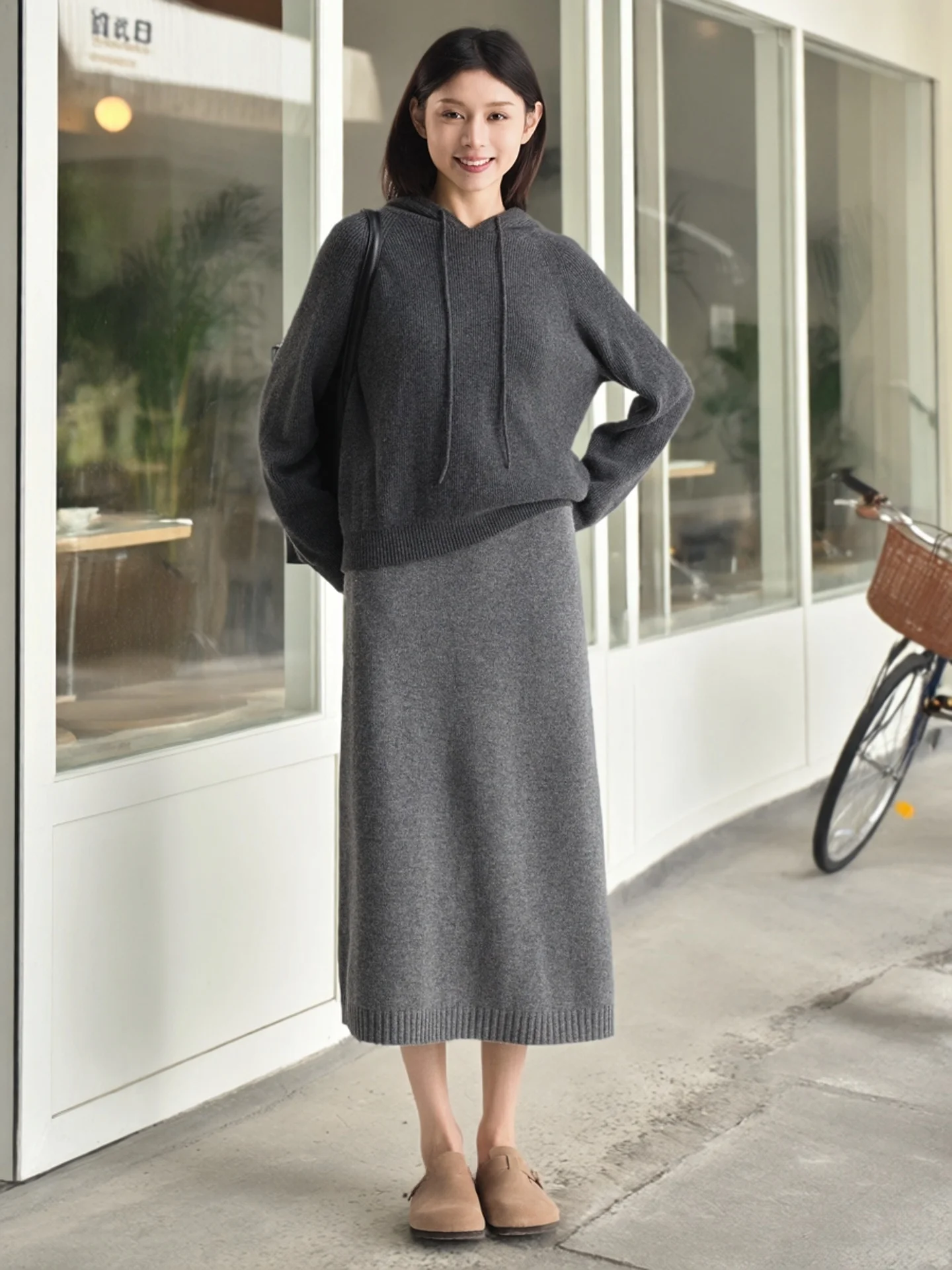 

Autumn Winter Camere Wool Blend Slimming Retro Double ket Elastic Waist Knitted f Skirt Casual Sle Ladies' Skirt