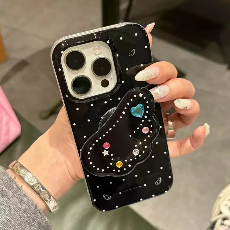 

Black Polka Dot Star Wing Bracket 15Pro Diamond Anti Drop Phone Case For IPhone 16 ProMax Phone Shell 14 13 Pro Back Cover Funda