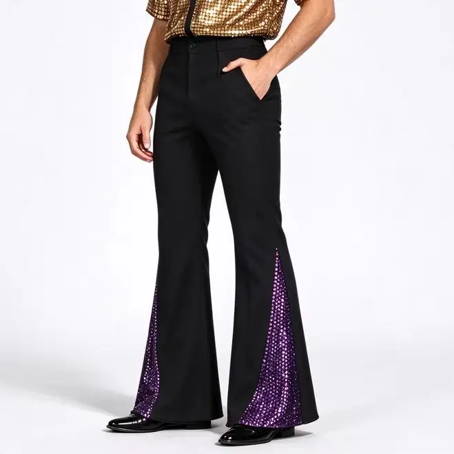 Men's Sequined Spliced Bell Bottom Pants Retro 70s Disco Halloween Carnival Party Nightclub Stage Performance Flared Trousers