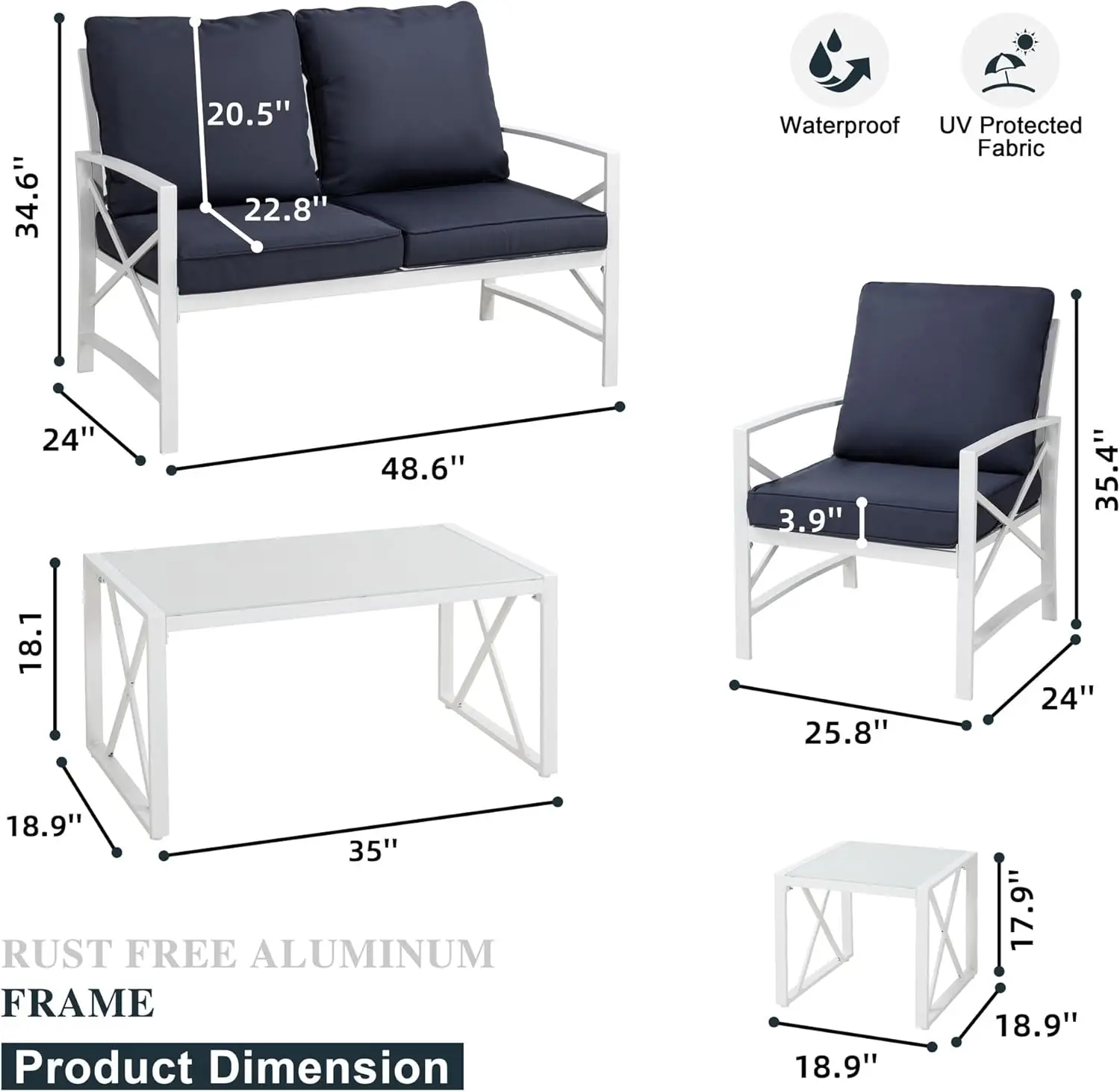 Loveseat-muebles de exterior pequeños con cojín profundo, sofá y mesa, juego de sofá de Metal exterior para balcón, patio