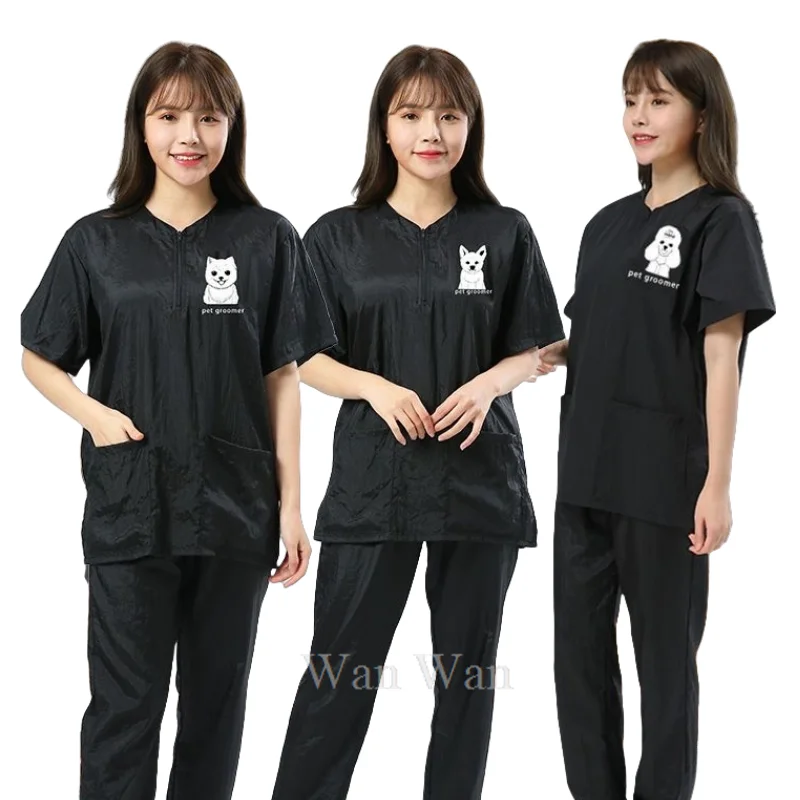 Pet Shop Uniforms Dog Grooming Work Clothes Short Sleeve Pet Groomer Gown Breathable Anti Hair Smock Anti Static Apron Y0510 