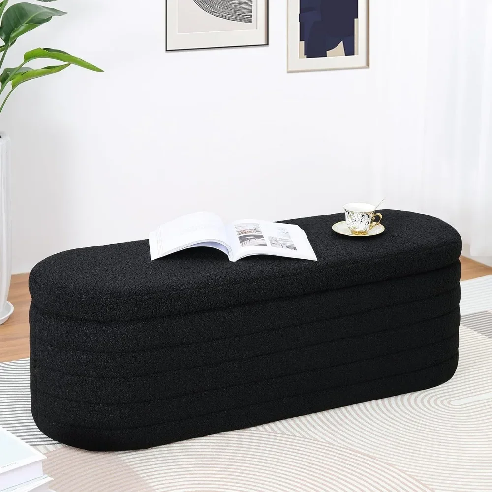 45.5" Teddy Sherpa Storage Ottoman Bench, Upholstered Fabric | Modern White Bedroom End-of-Bed Design with Safety Hinge