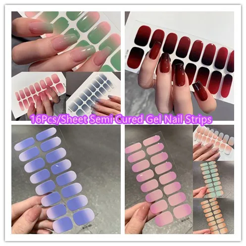 16 Stück/Blatt halb gehärteter Gel-Nagellack-Aufkleber lang anhaltende Verlängerungscreme-Nagel-Aufkleber Voll deckel Farbverlauf gehärteter Schieber egler