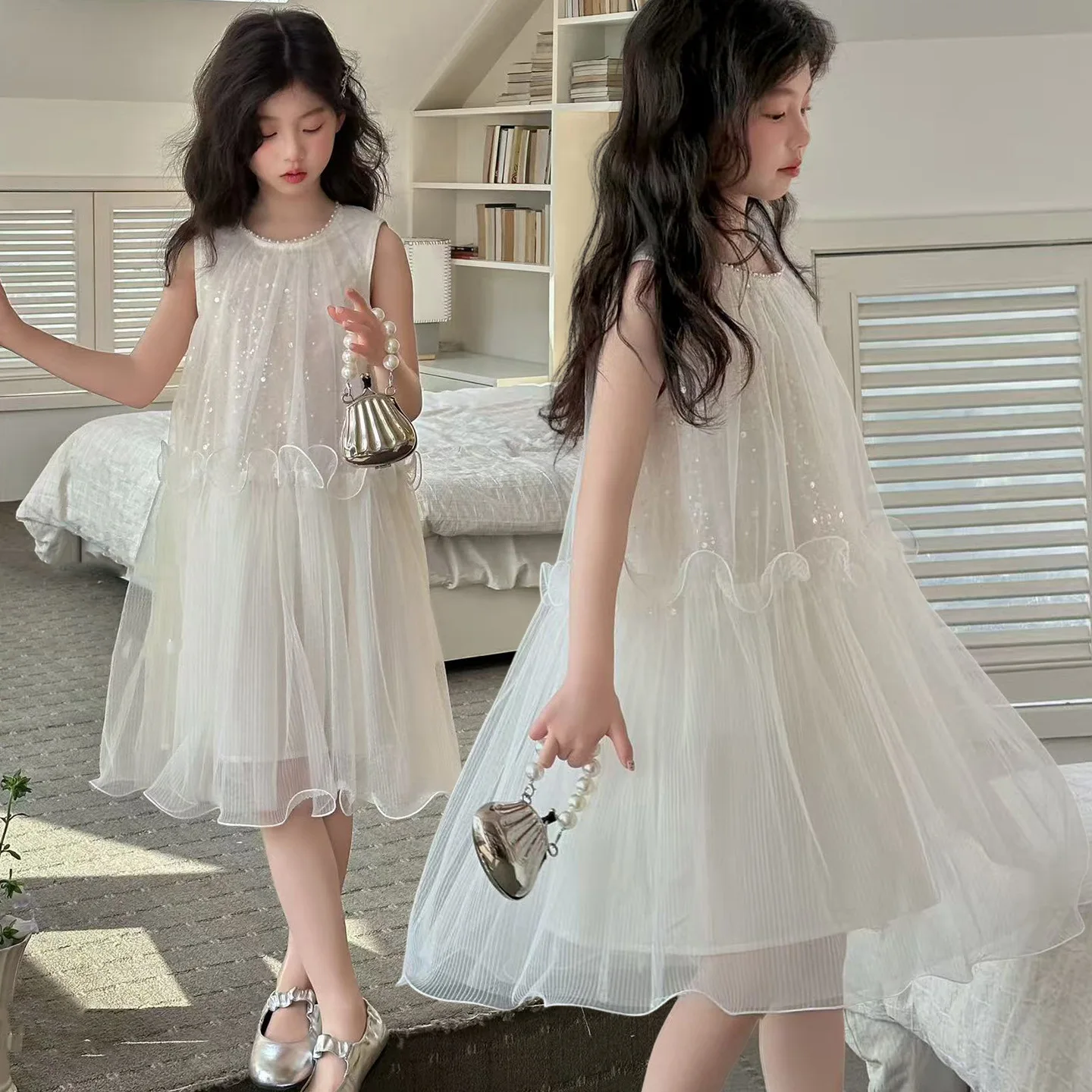 Girls Sleeveless Sequin Mesh Dress 2026 Summer Stylish Big Kids Fashion Camisole Dress White Tutu Skirt