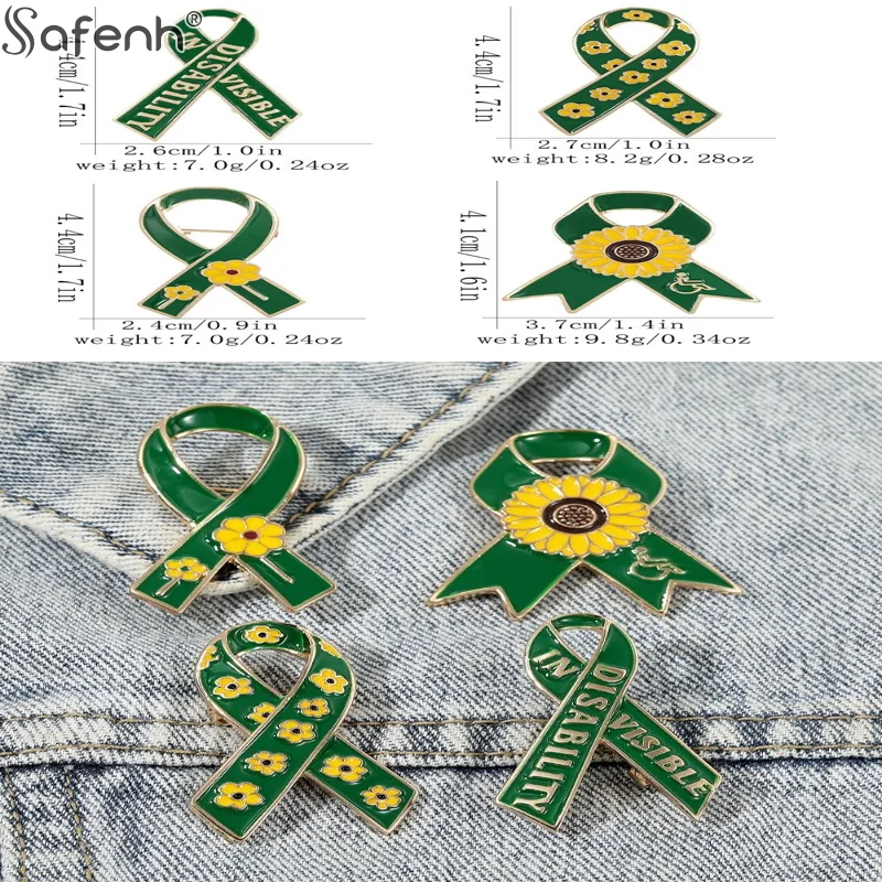 Spring/Autumn/Winter Sunflower Pattern Red Ribbon Theme Lapel Pin Green Disability In Visible Enamel Brooche For Disabled Person