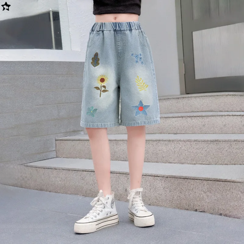Kids Child Summer Retro Blue Denim Shorts with Embroidery for Tweens Girl Goth Hip Hop Pocket High Waist Slim Knee Length Capris