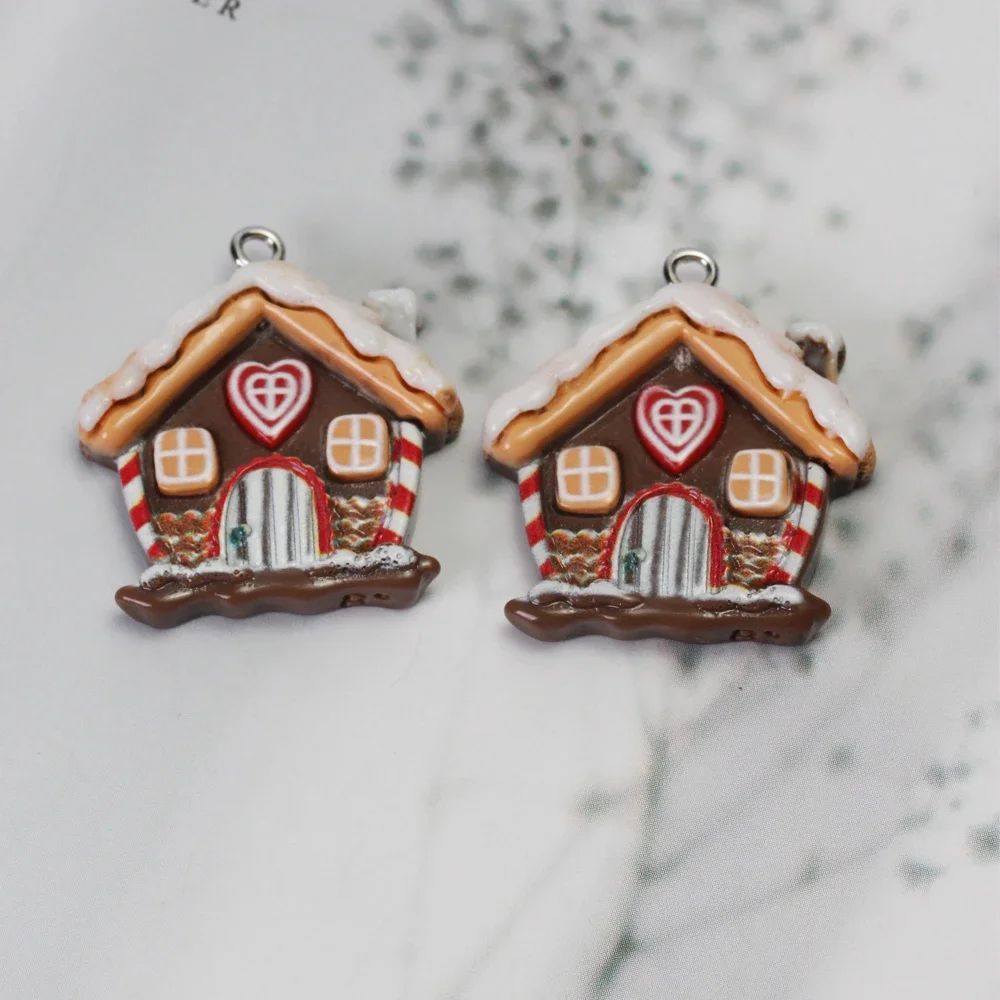 10pcs/lot Resin Christmas House Pendants Xmas Charms for Necklace Earrings Keychain Diy Jewelry Making Supplies