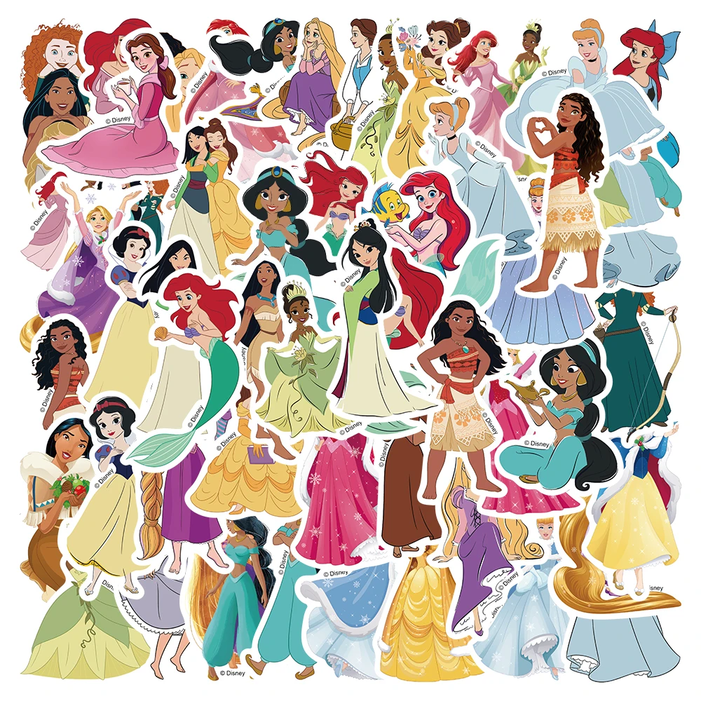 50pcs Disney biancaneve Ariel Belle Jasmine Princess Stickers Graffiti decalcomanie per bambini Laptop bagagli Skateboard Sticker