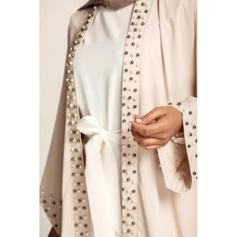 

2025 Arab Turkey Middle East Fashion Elegant Solid Color Beaded Muslim Lace-up Cardigan Robe W001