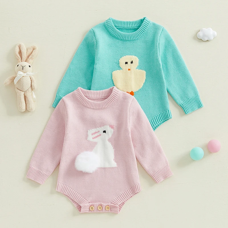 Baby Easter Sweater Romper Rabbit/Chick Crew Neck Long Sleeve Bodysuit Spring Clothes