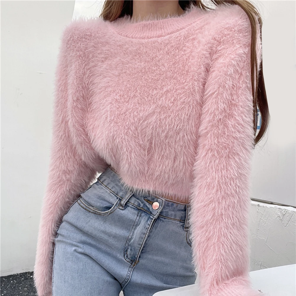 

Holiday Party Women Knitted Top Short Pullover Women Cozy Faux Mink Sweater Faux Mink Sweater White Soft Fabric