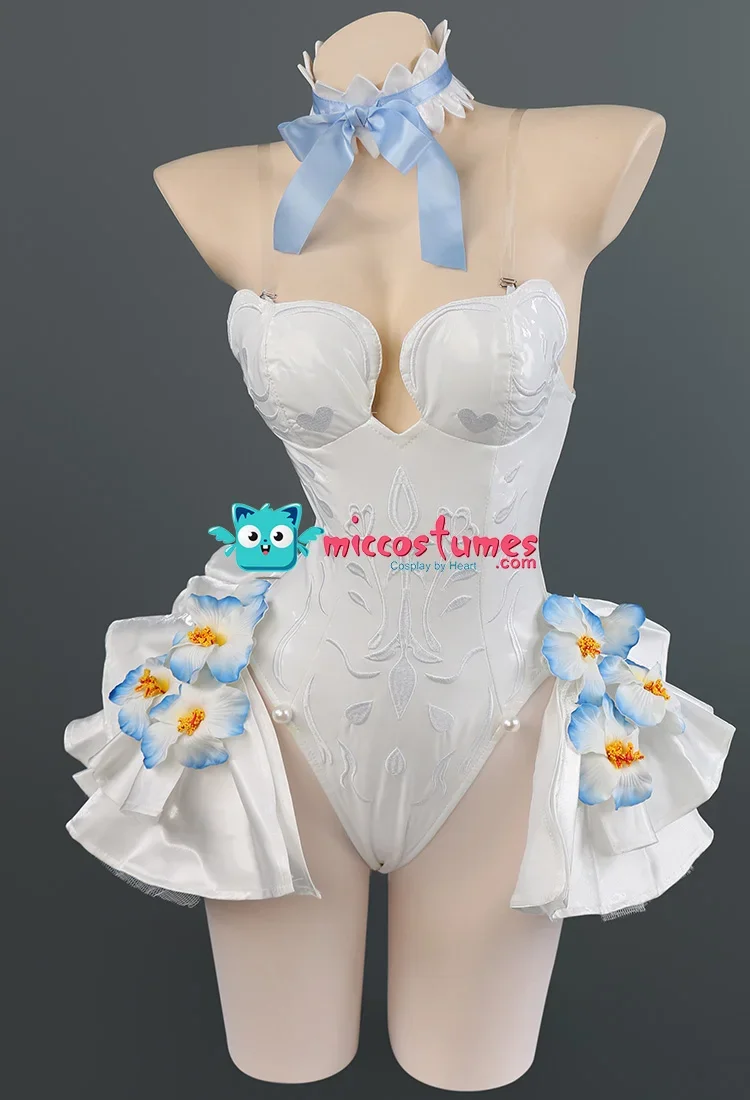 Women Cosplay Costume White Bodysuit and Pantyhose with Flower Decorations and Tailing