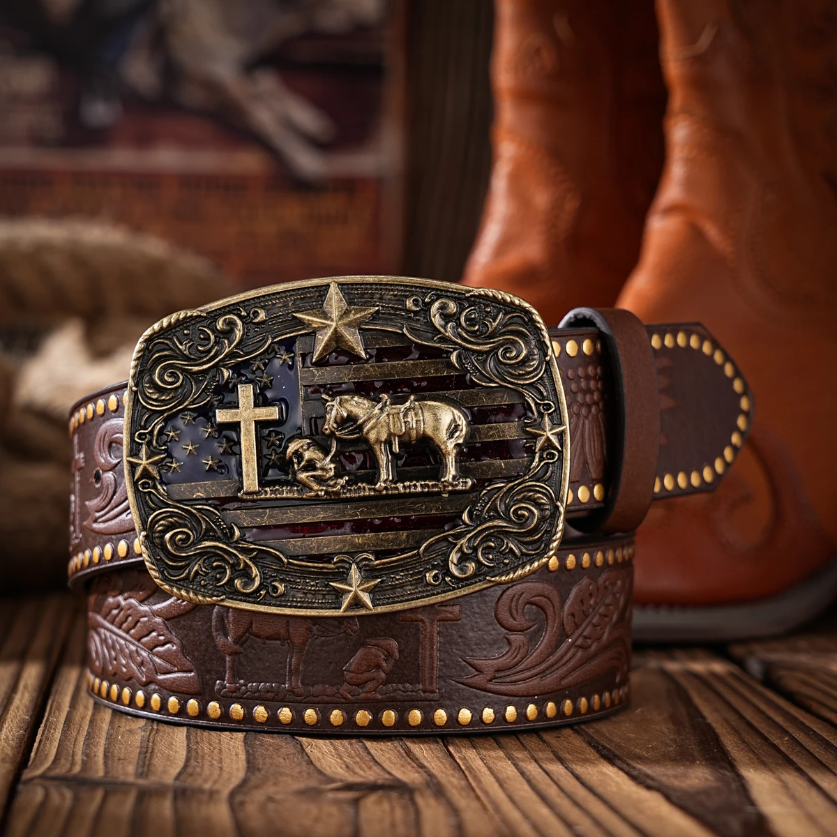 1pc Western Cowboy Style Belt - Suitable for Both Men and Women. Western Buckle PU Embossed Belt. Unique and Retro Design
