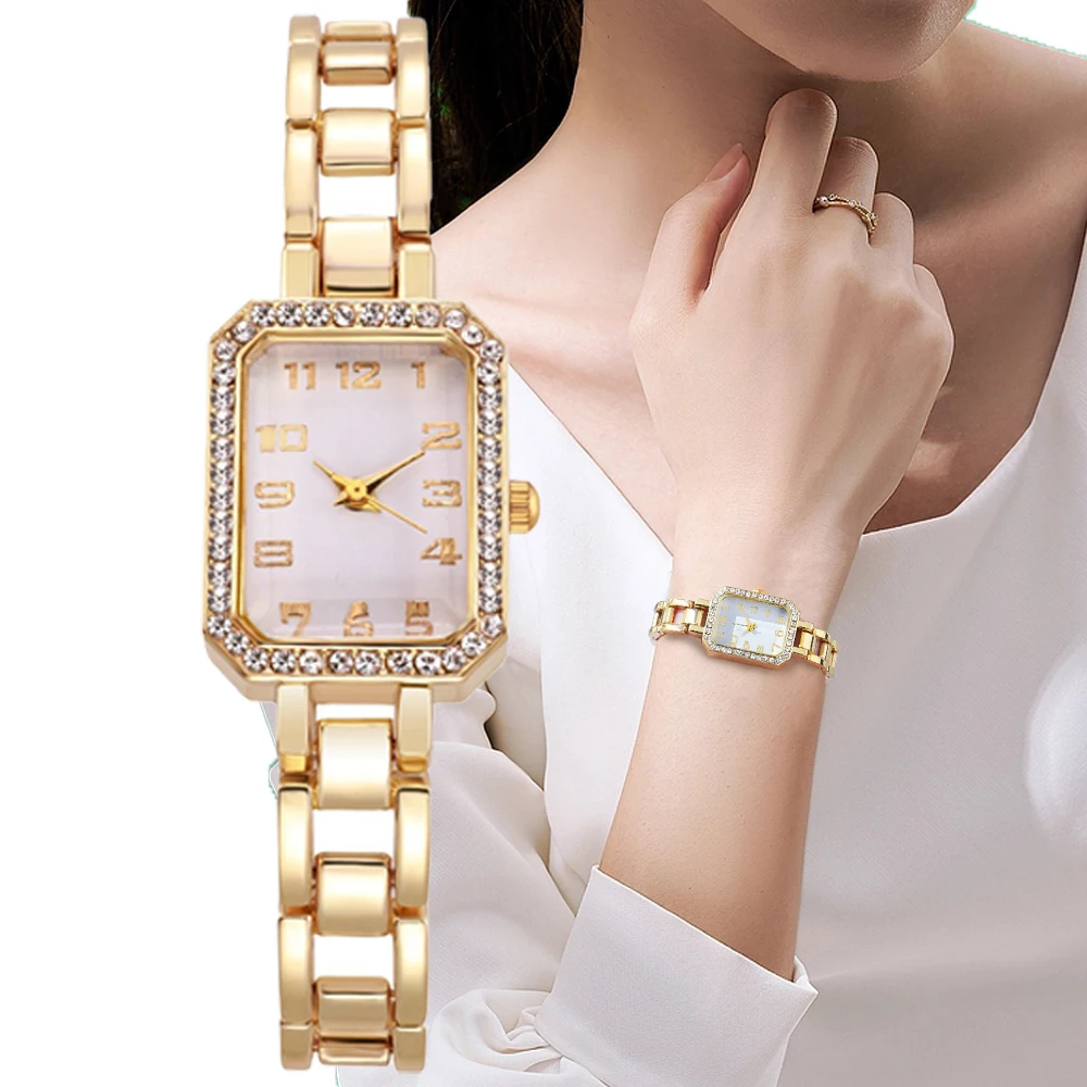 Reloj de lujo de cuarzo para mujer, pulsera de acero inoxidable dorado, reloj de vestir para mujer, Cuadrado Simple, Diamante completo, Digital,