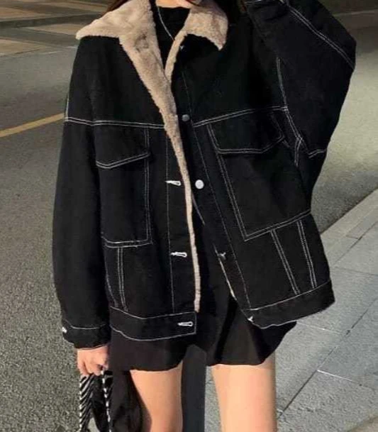 

Women's Mid Length Jacket with Thickened Fleece for Autumn and Winter 2025 Denim with Fleece Top Cotton Jacket Long Sleeves