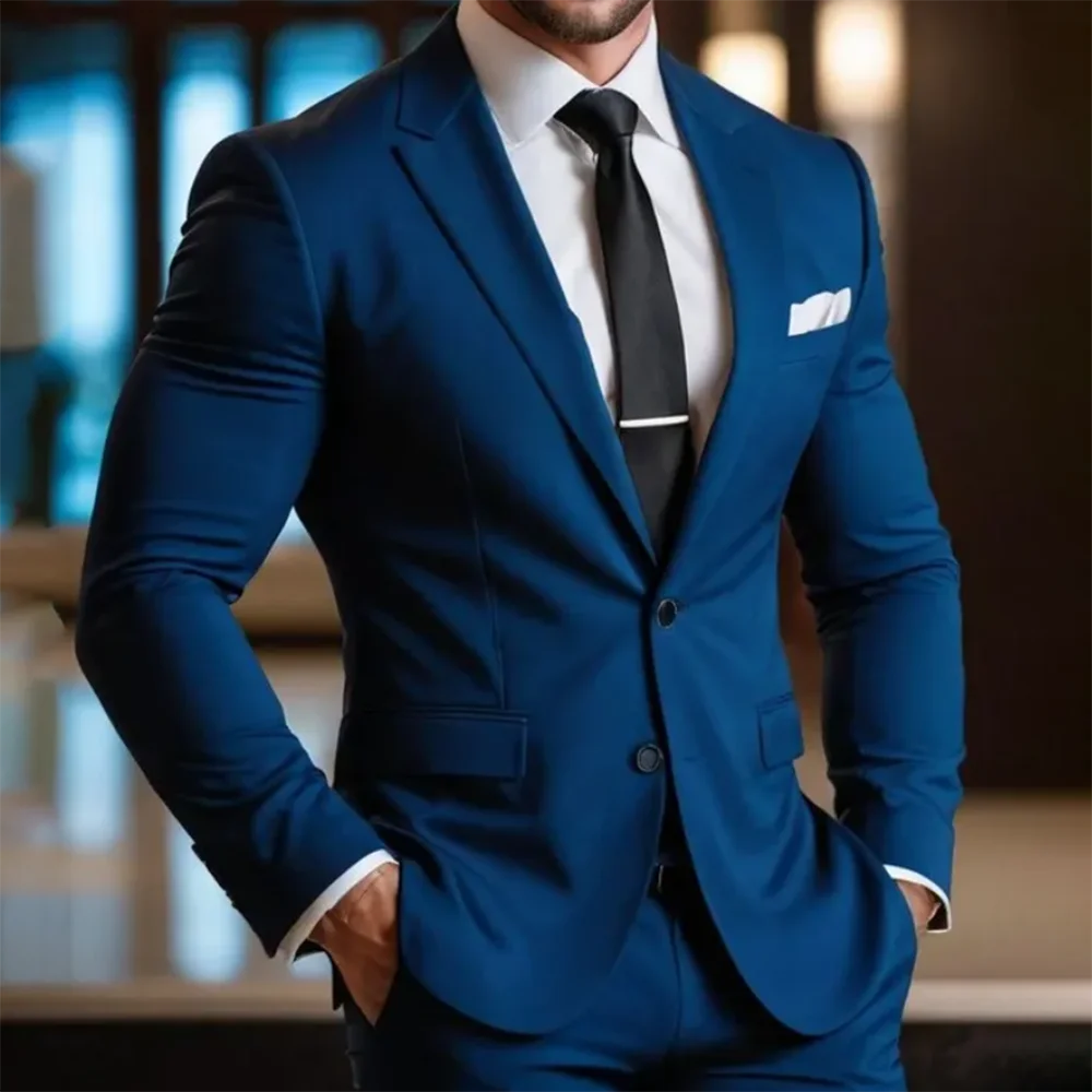

Мужской костюм, модный однобортный однотонный костюм, комплект из 2 предметов, деловой повседневный свадебный стильный мужской костюм (пиджак + брюки)