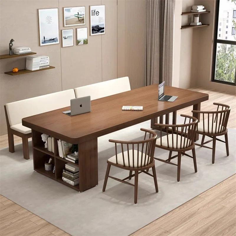 

Nordic solid wood long desk bookcase integrated writing table household to living room study table desk workbench
