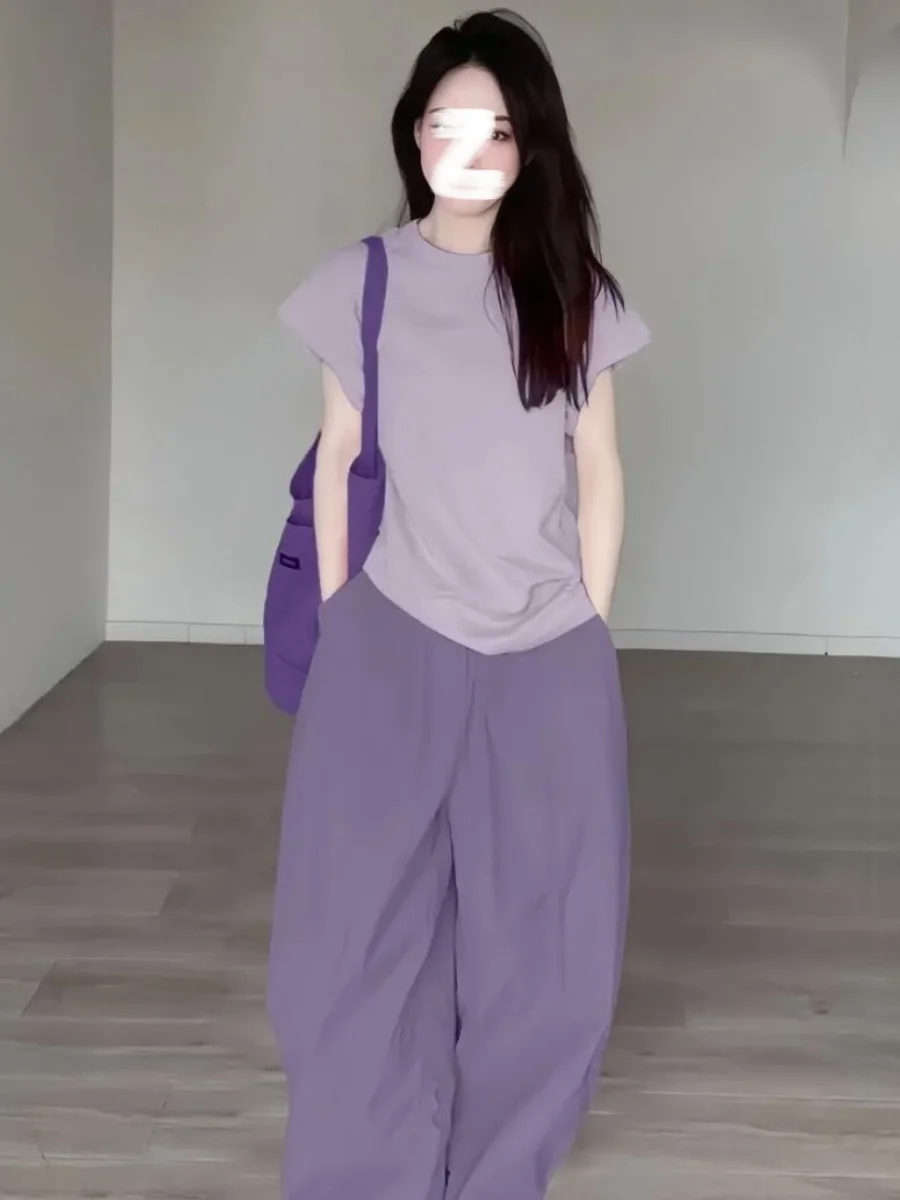 

Summer 2024 Women's Color Set High Waist Wide Leg Pants ort Sve T-irt Dopane Sle Two-Piece Suit Faionable