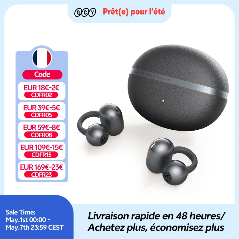 QCY Crossky C50 Écouteurs sans fil Bluetooth 6.0 à oreille ouverte, confortables, à clipser, 4 micros, appels clairs, amplification des basses, 35 heures d'autonomie pour le sport et la course à pied