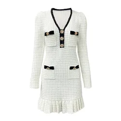 Luxury Autumn Long Sleeve White Sequin Short Dress Women's Knitted Waffle Mermaid Fishtail Crystal Button Evening Party Vestidos