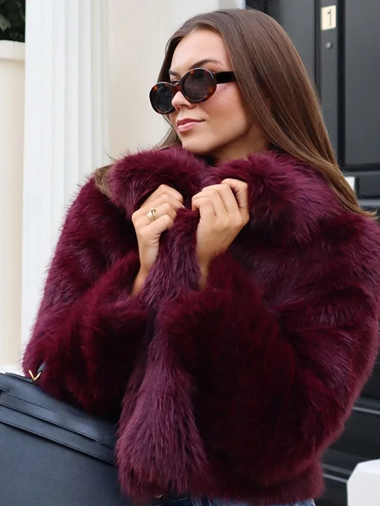 2024 Winter New Burgundy Fluffy Faux Fur Jacket For Women Elegant Turn-down Collar Long Sleeve Plush Coat Female Warm Streetwear