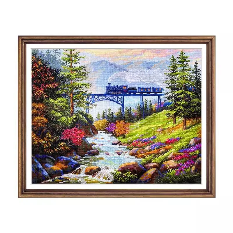 11CT 14CT Forest Train Scenery Embroidery DIY Chinese Style Printed Kits Cross Stitch Thread Needlework Sets Home Decor Crafts