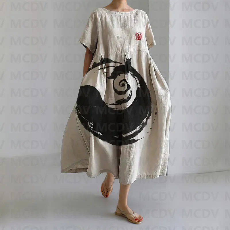 Japanese Ocean Art Print Women's Casual Midi Dress