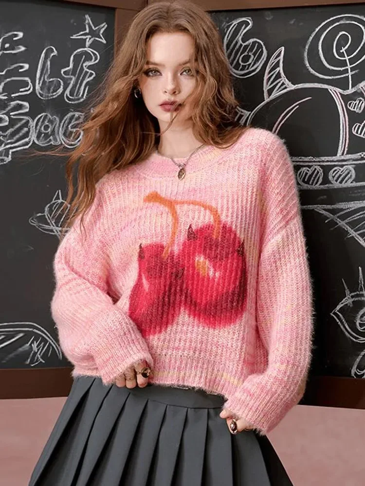 

Fashion color plush cherry print crew neck sweater women's new loose lazy style