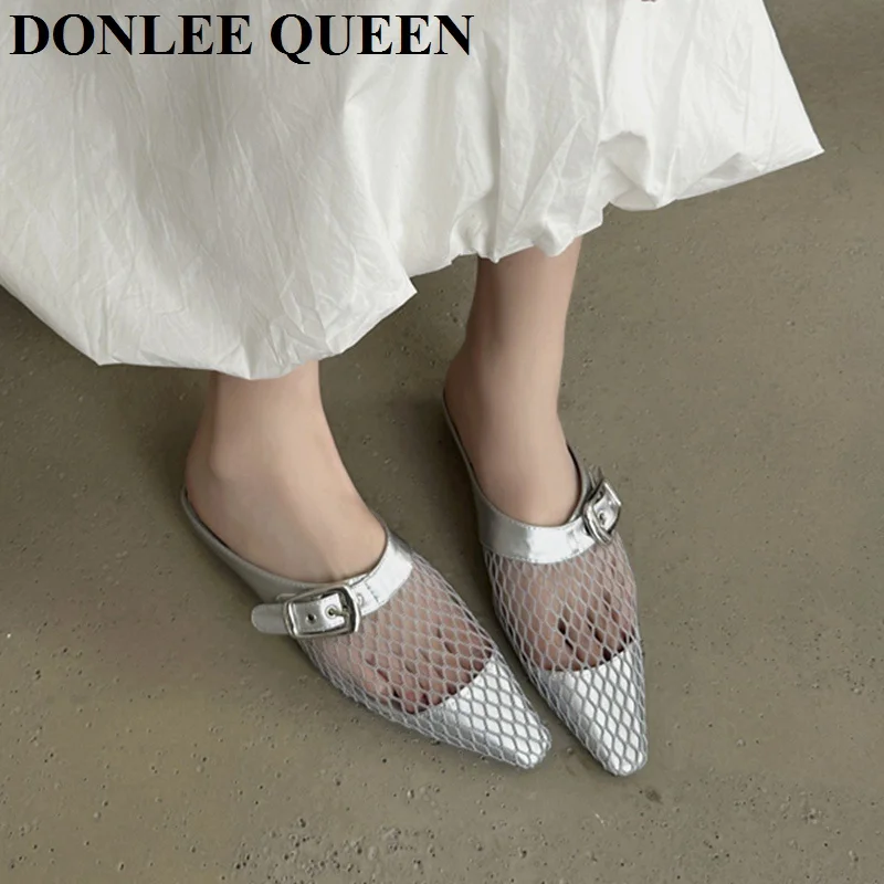

Brand Slippers Women Pointed Toe Mule Flat Heels Casual Slip On Slide Outdoor Flip Flops 2025 Fashion Hollow Shoes Female Sandal