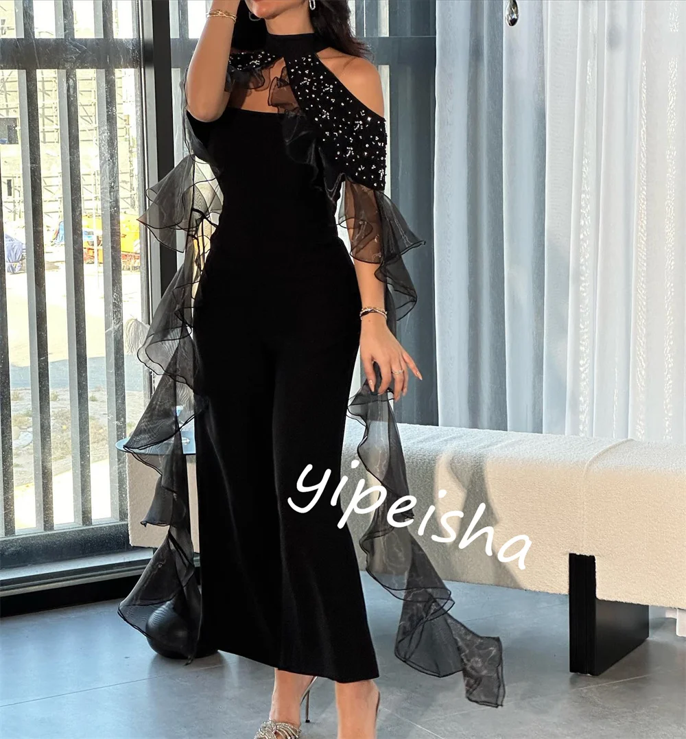 Customized  Jersey Pearl Ruffle Christmas Sheath Halter Bespoke Occasion Gown Midi Dresses Saudi Arabia  