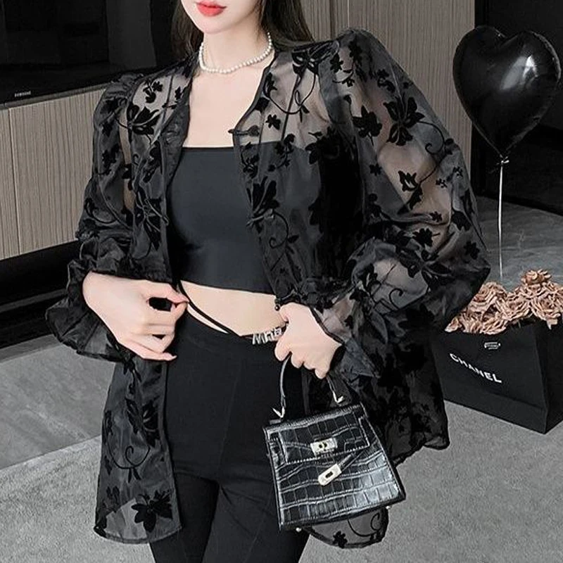 Women Chinese Style Vintage Sunscreen Cardigan Shirt Sexy Mesh See Through Loose Blouse Summer Black Long Sleeve Thin Tunic Tops