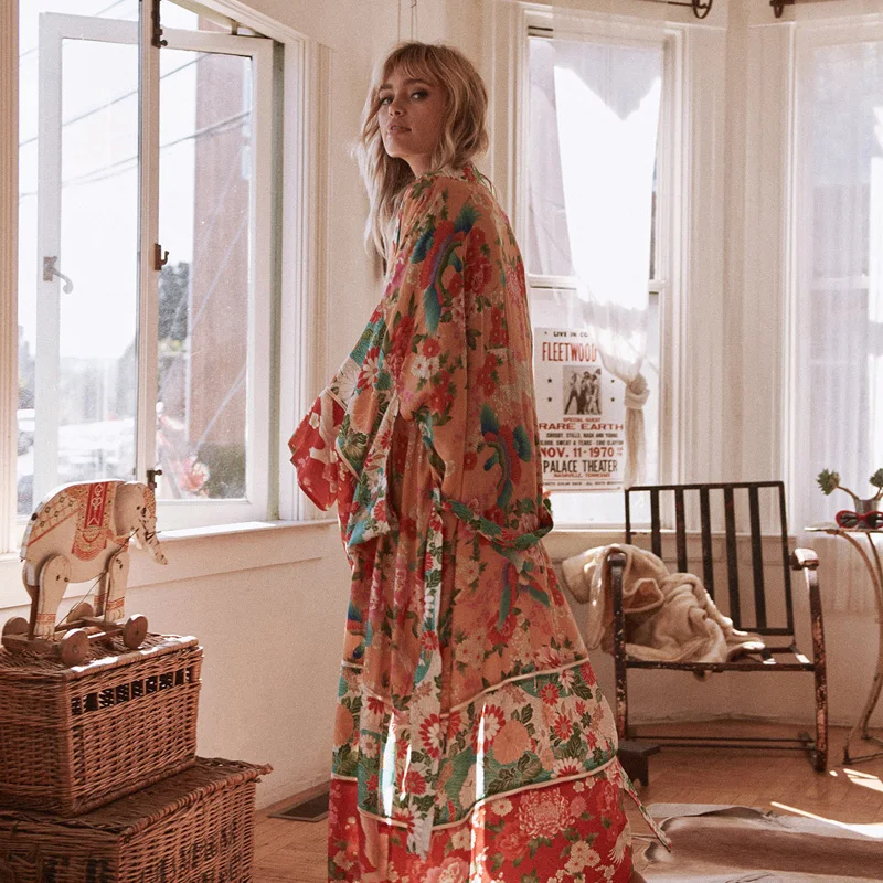 New Arrival Summer Women Casual Loose Flare Sleeve Long Jackets Loose Floral V-neck Open Stitch Chiffon Outerwear & Coats T118