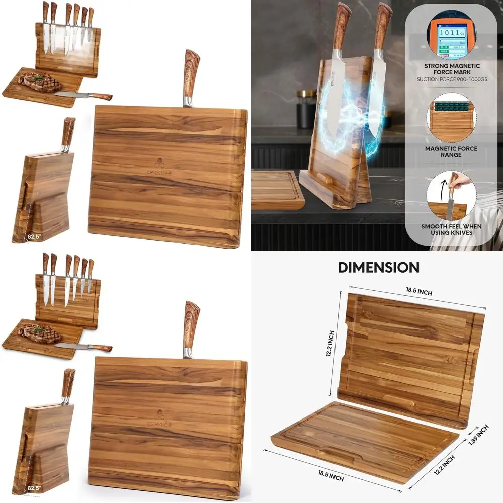 

Dual-Purpose Teak Cutting Board with Built-in Magnetic Knife Rack - 16x11 Inches, Grooved for Juice Control, Kitchen Essential f