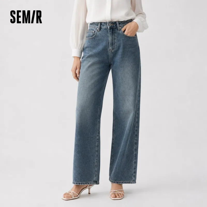 Semir Jeans Women Heightening Pure Cotton Long Trousers Autumn 2024 New Flesh-hiding Wide-leg Trousers
