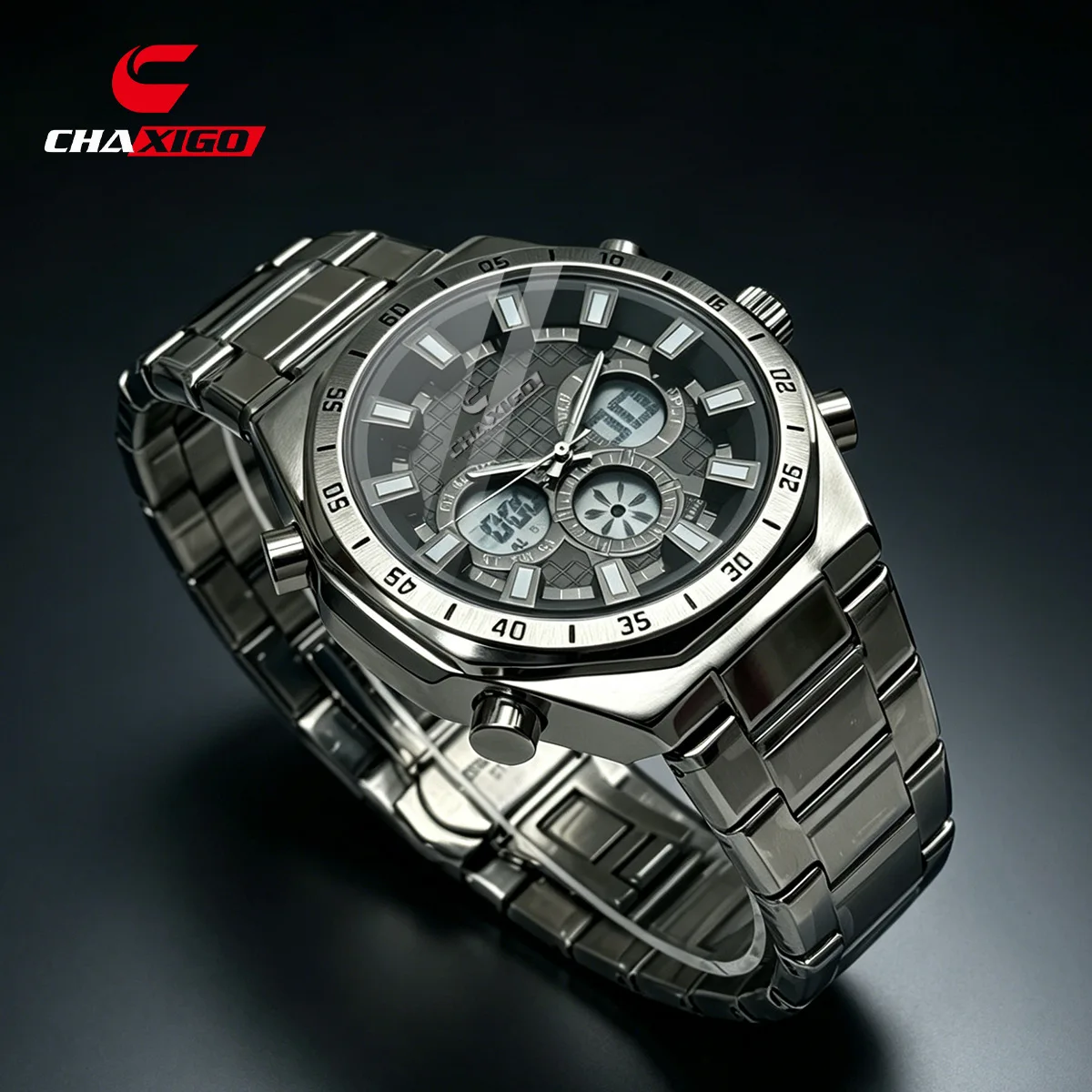 

HCAXIGO* Men's Three-Eye Chronograph Double Display Watch Hollow Large Dial Steel Strap Multifunctional Sports Watch