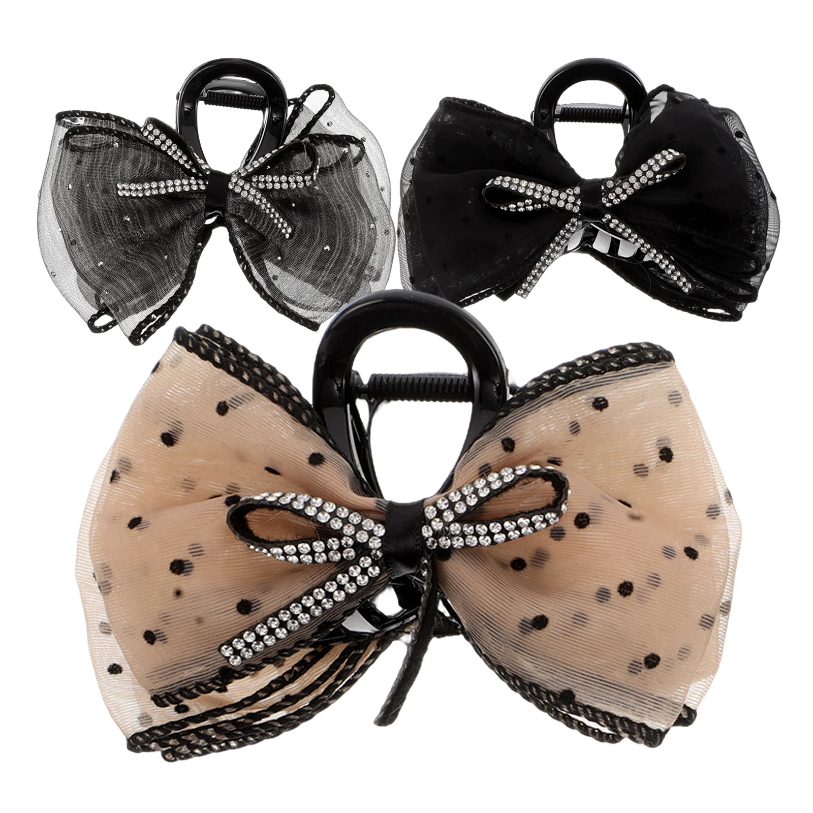 

3Pcs Bow Hair Clips Elegant Rhinestone Bowknot Claw Clip Sparkly Polka Dot Design for Women Black Gray Hair Accessories