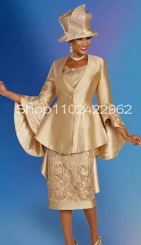 Trajes de lujo para la Iglesia, vestido dorado para madre de la novia, manga larga con Hadas, mancha de encaje, vestido de fiesta de boda para invitados