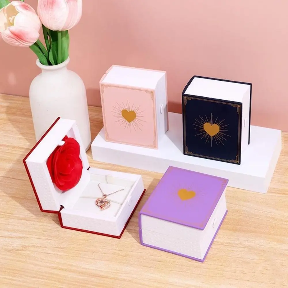 

Fashion Plastic Book Shape Ring Box Jewelry Packaging Romantic Ring Gift Box with Soap Rose Jewelry Display Case Earrings