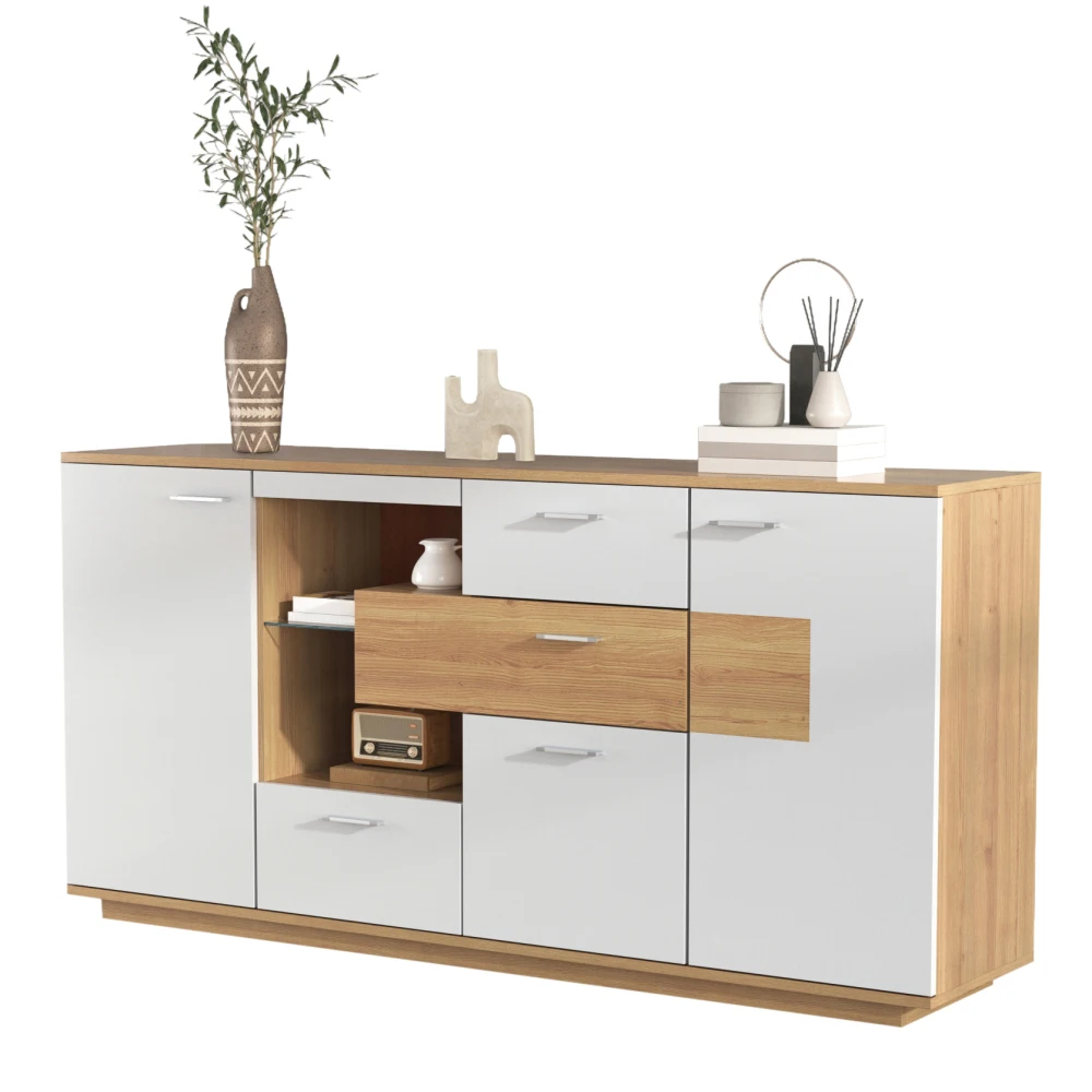 Mobili da cucina, credenza moderna bianca con 2 ante, 4 cassetti e ripiano in vetro, armadio capiente 160×40×77 cm, mobile multiuso per il soggiorno.